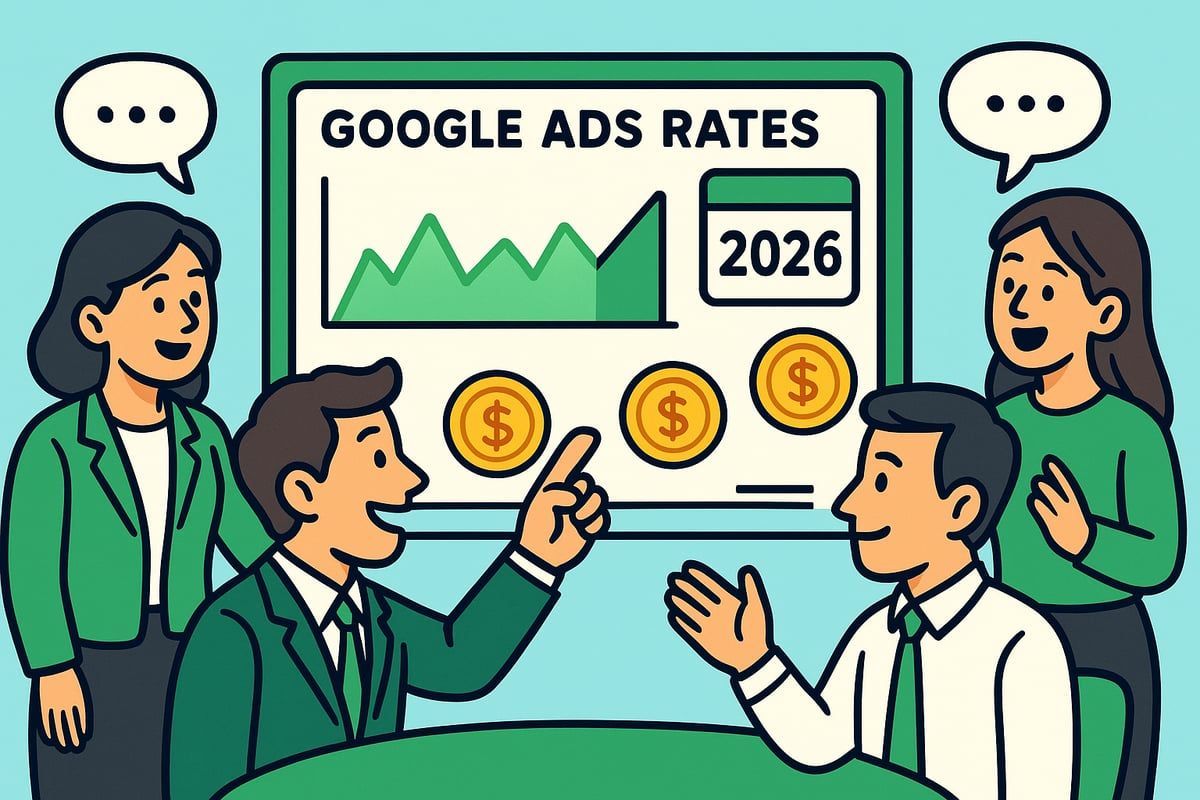 People discussing Google Ads rates; graph, coins, and 2026 on screen.