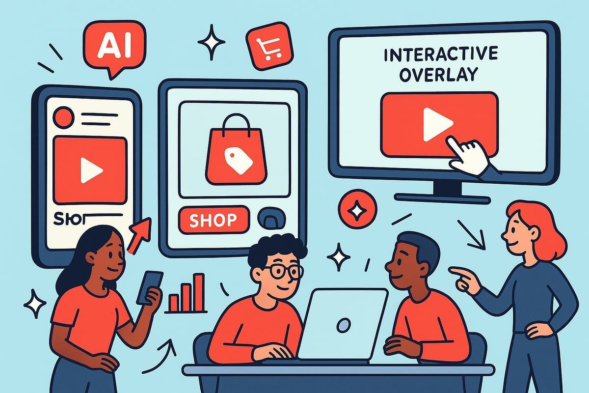 Illustration of people collaborating with tech: interactive video overlay, shopping on a phone, shop button, AI icon.