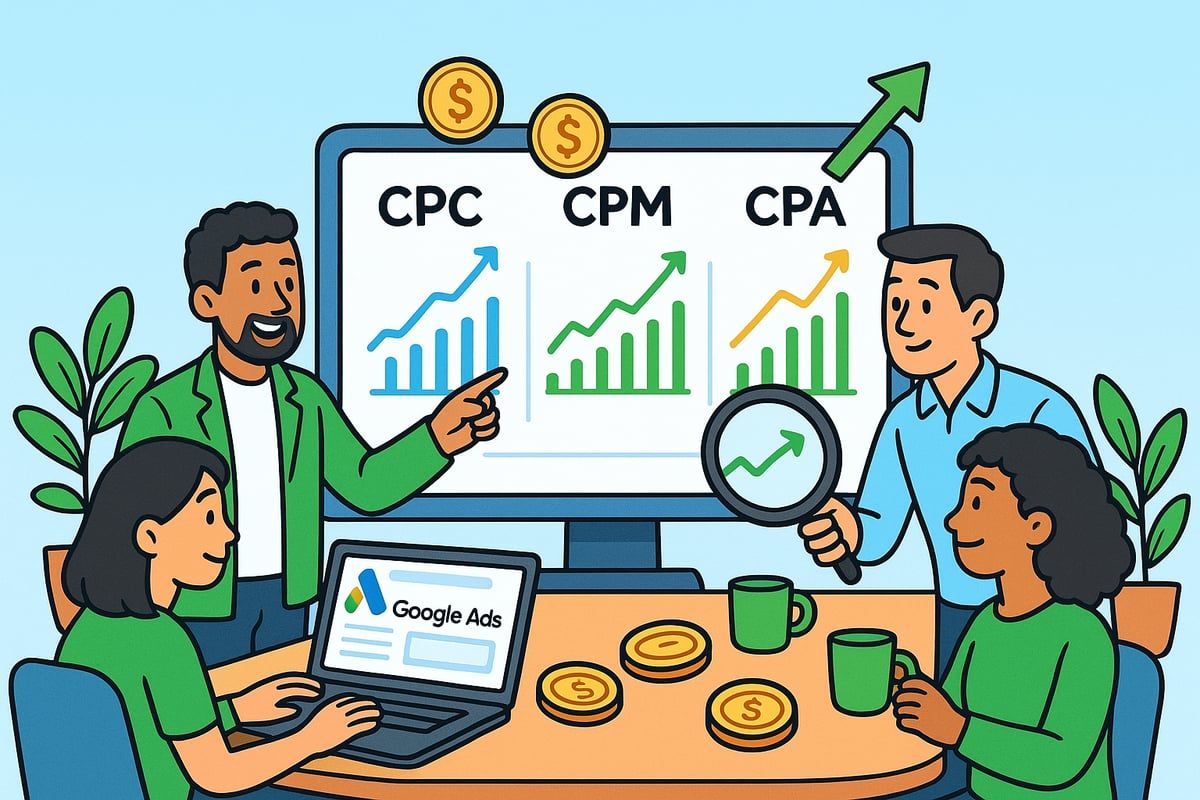 Group of people analyze marketing metrics: CPC, CPM, CPA. Laptop displays Google Ads. Arrows indicate growth.
