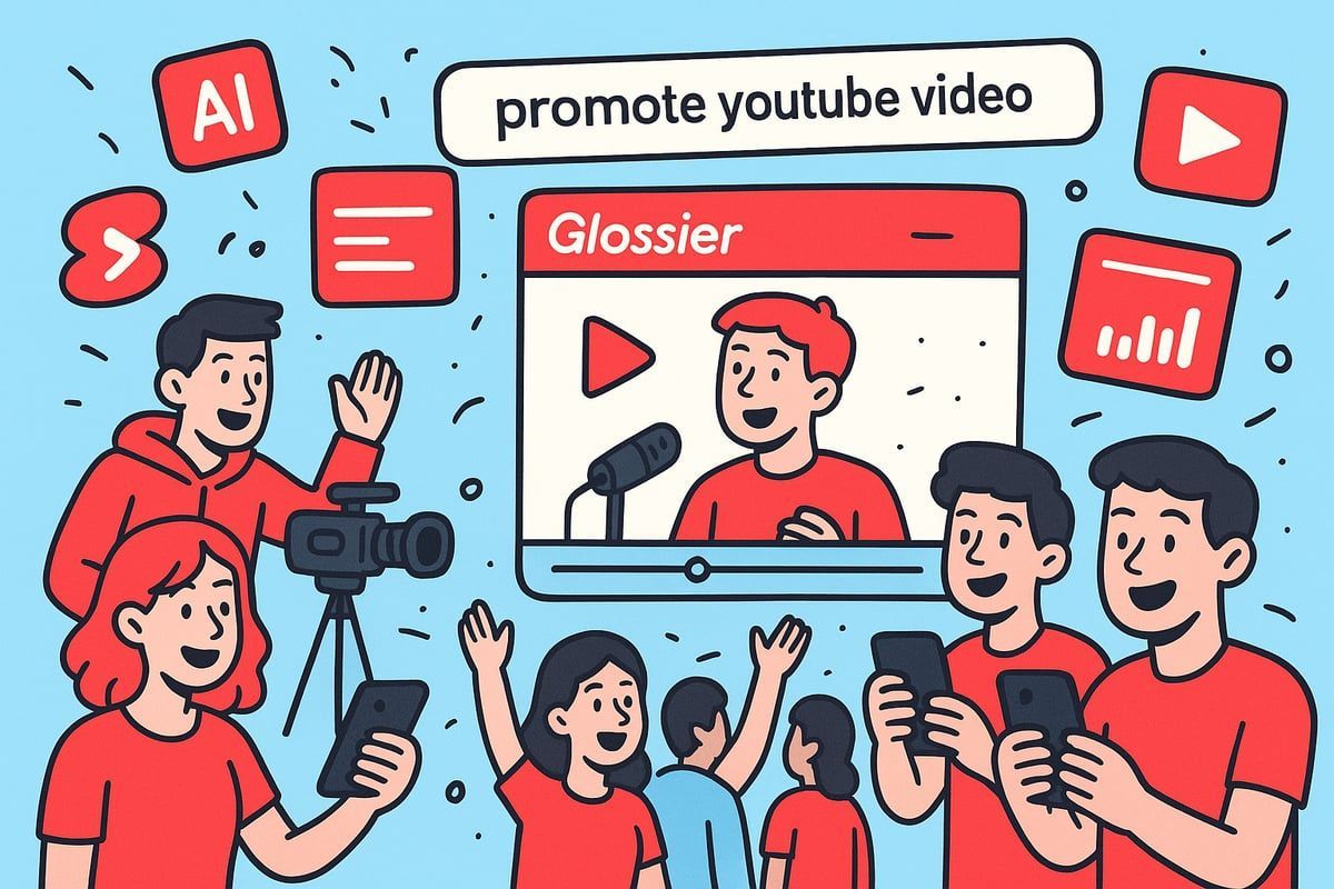 People promoting a YouTube video; illustration with a video recording, audience holding phones, search bar with text 