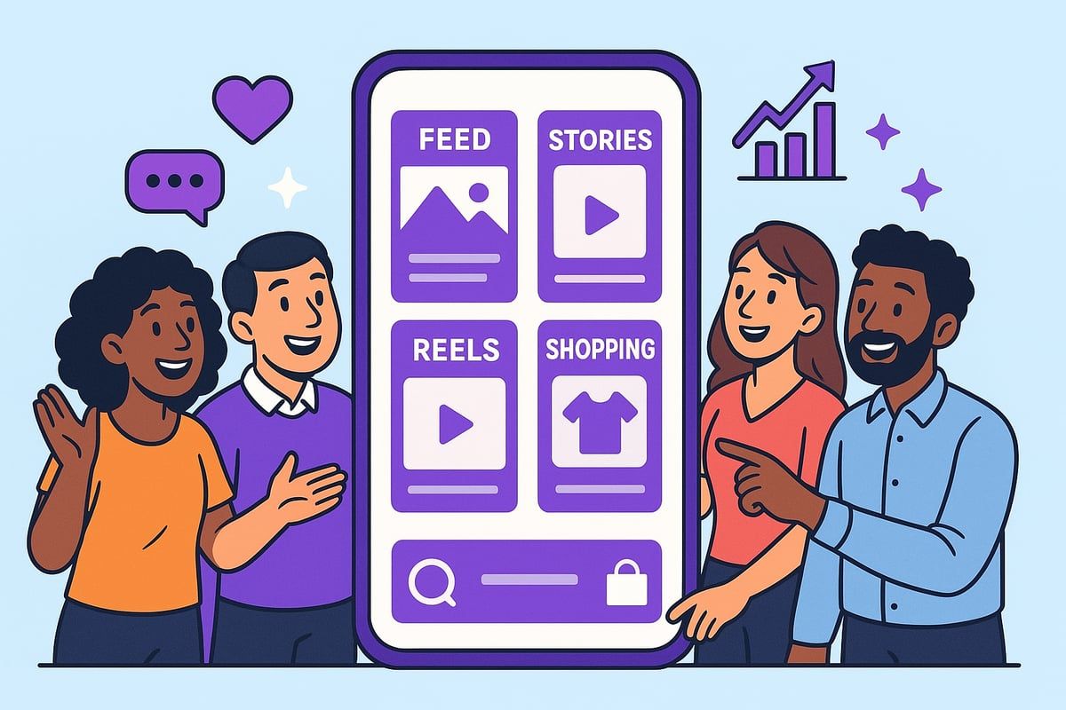 People around a smartphone screen showcasing social media features.