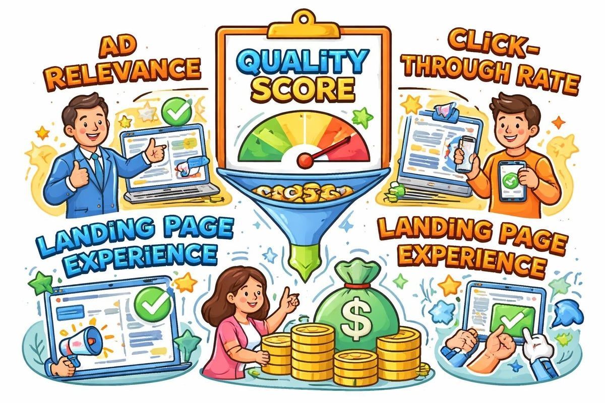 Graphic illustrating Google Ads Quality Score:  Ad relevance, click-through rate, and landing page experience funneling into a money bag.
