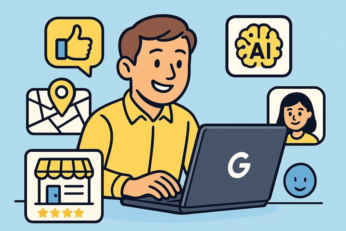 Man using laptop, surrounded by icons: thumbs-up, map, AI brain, user profile, reviews, and a smiley face.