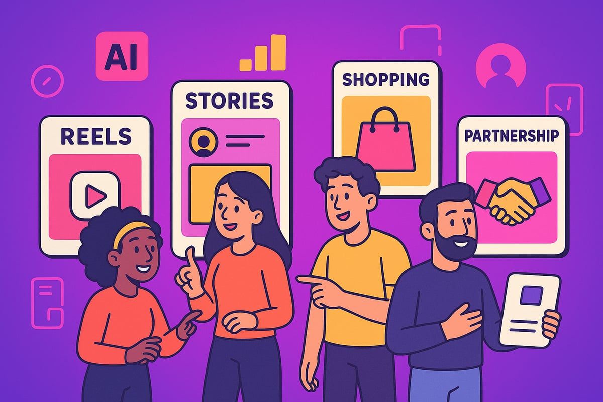 Group of people discussing social media content like reels, stories, and shopping with a purple background.