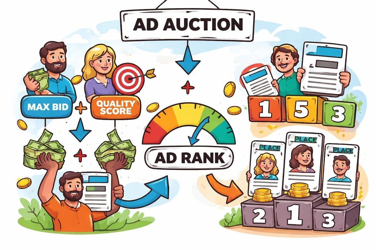 An illustration depicts the ad auction process. People, money, and data are combined to determine ad rank and placement.