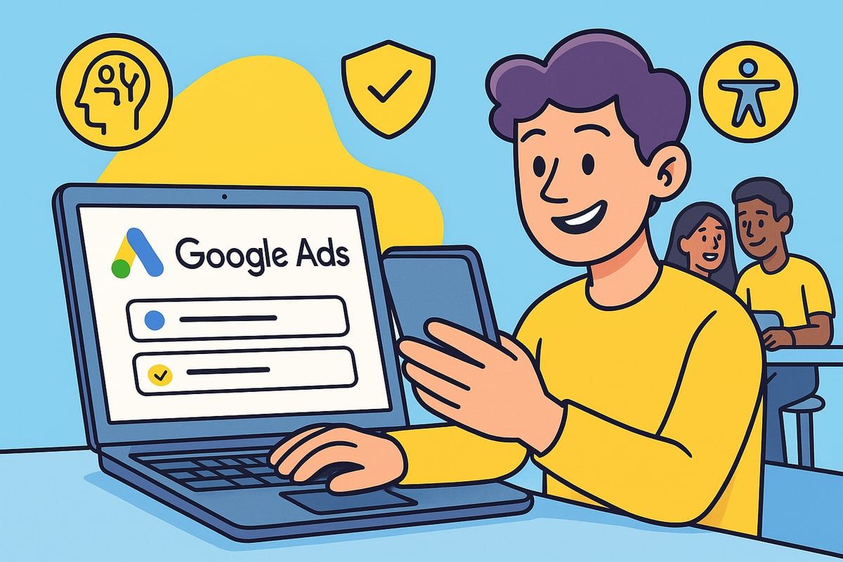 Man using laptop with Google Ads interface, smiling. Two people in the background, a blue and yellow theme.