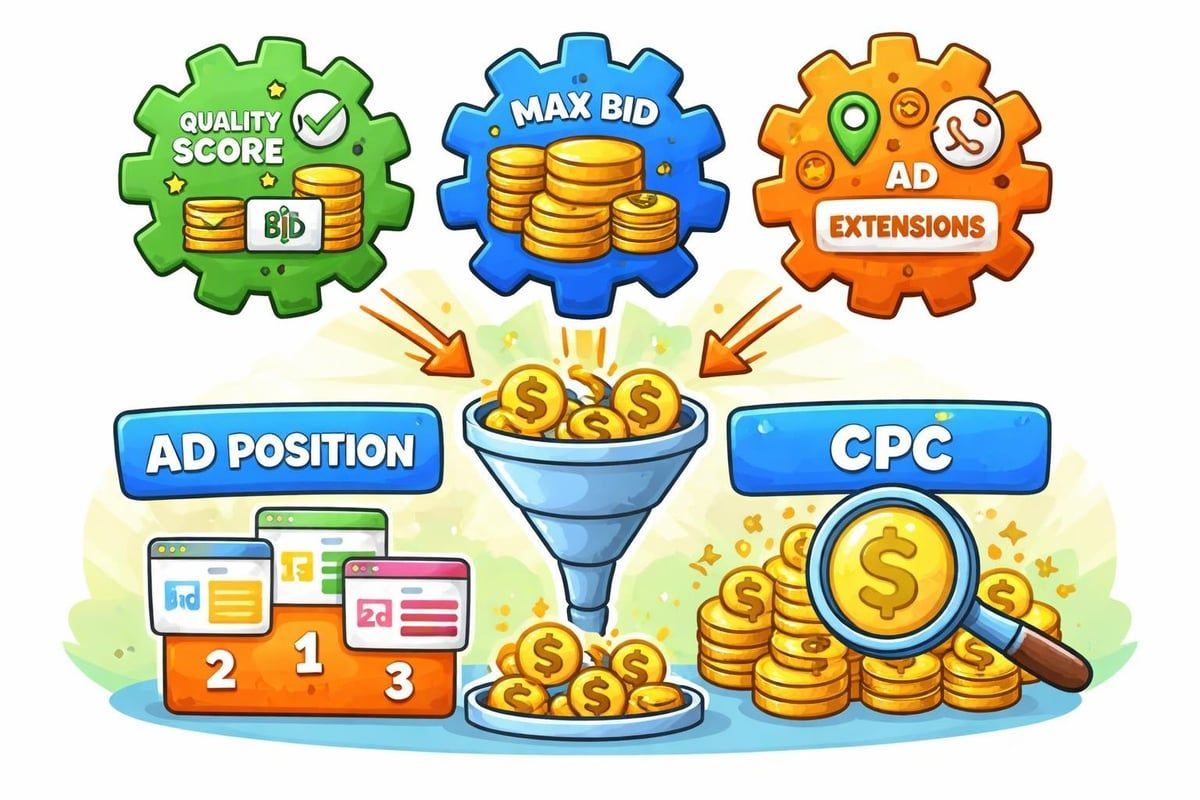 Diagram of ad auction: Quality score, max bid, and extensions impact ad position and CPC.
