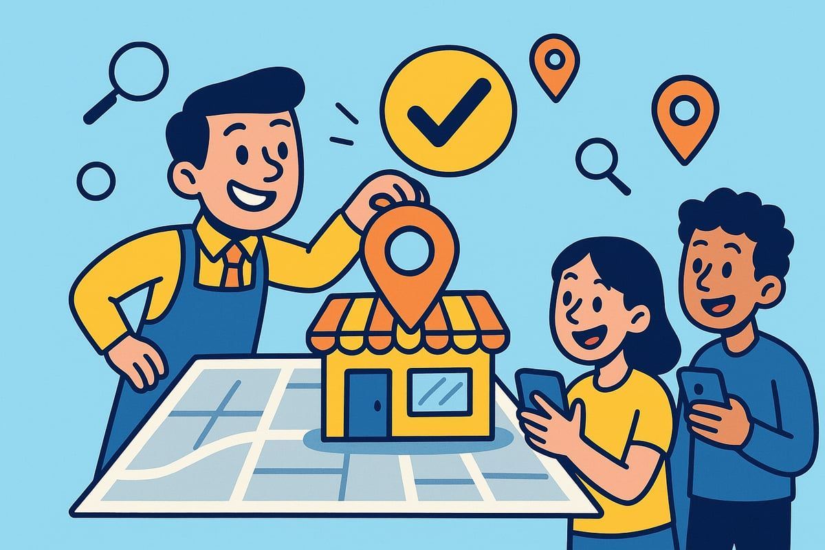 Man placing a location pin on a store, with map and people holding phones, search icons, and checkmark.