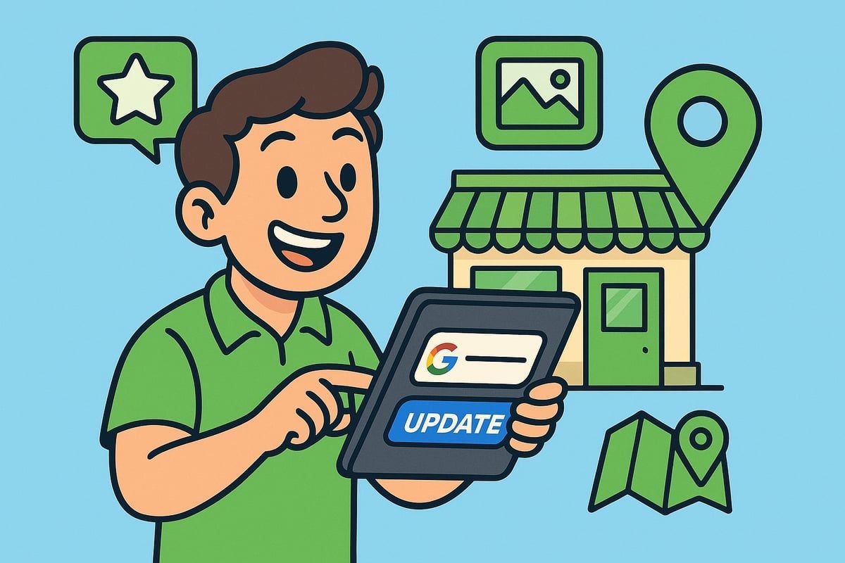Person updating Google My Business listing on a tablet, smiling near a shop icon. Green and blue color scheme.
