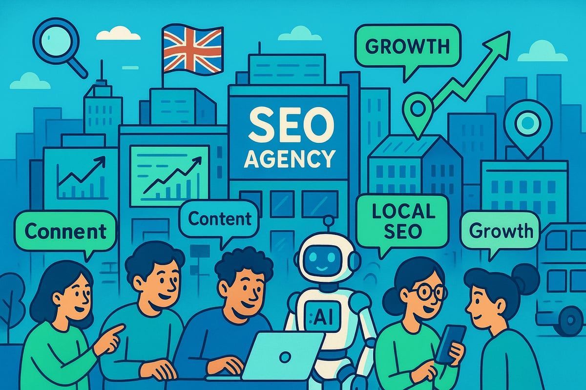 SEO agency illustration with people, a robot, city skyline, and growth icons.