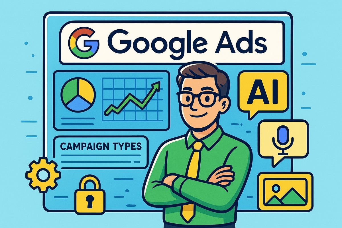 Man with glasses stands before a Google Ads interface with graphs and icons, representing AI and different campaign types.