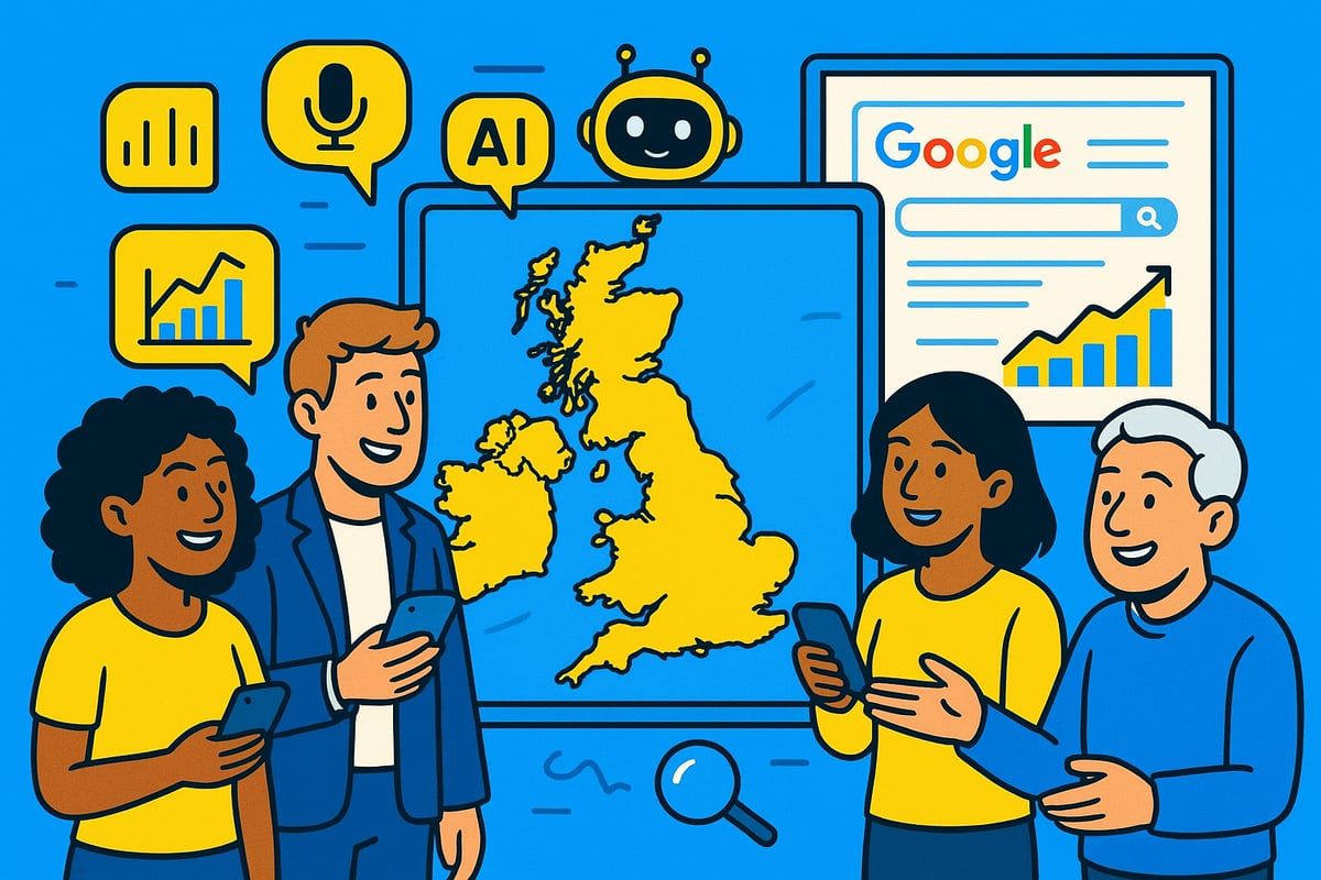 People around the UK map with phones, a Google search, and AI icons.