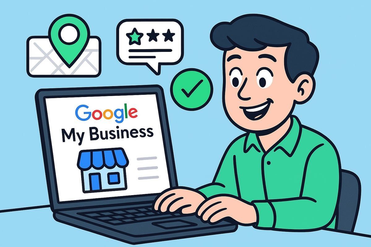 Man using laptop, Google My Business interface, with location, reviews, and checkmark icons.