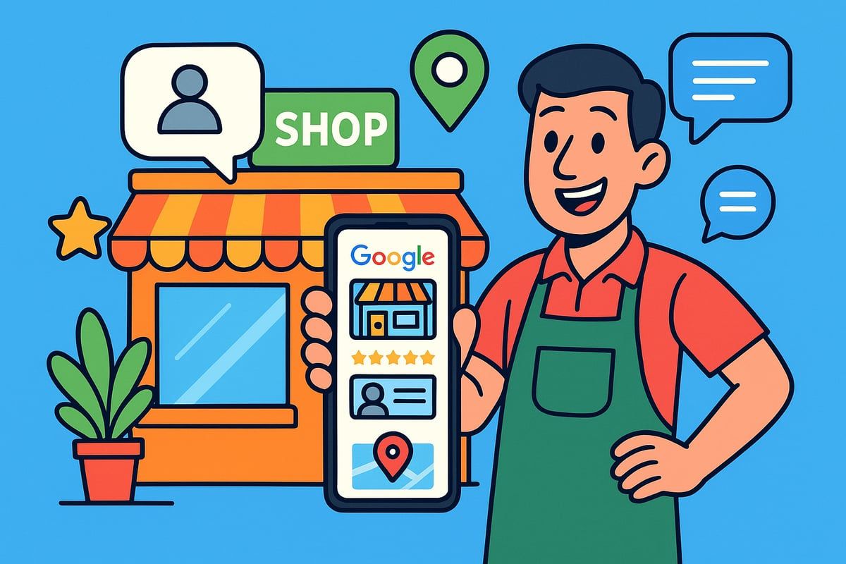 Man holding phone with Google My Business listing, showing a shop, reviews, and location.