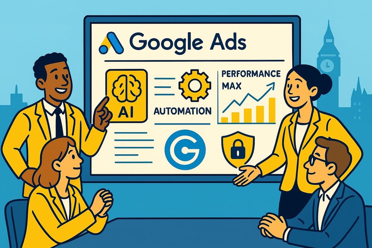 People at a table, looking at a Google Ads presentation screen; includes AI, automation, performance max icons, London backdrop.