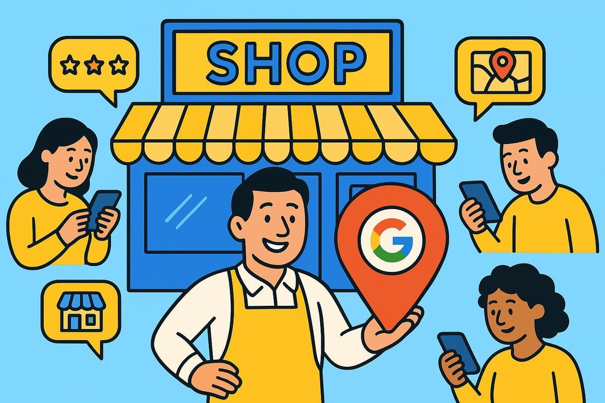 Shop owner holding Google Maps pin, surrounded by people on phones, shop in the background.