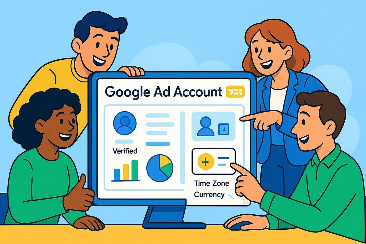 Four people looking at a Google Ads account on a computer screen, pointing and discussing.