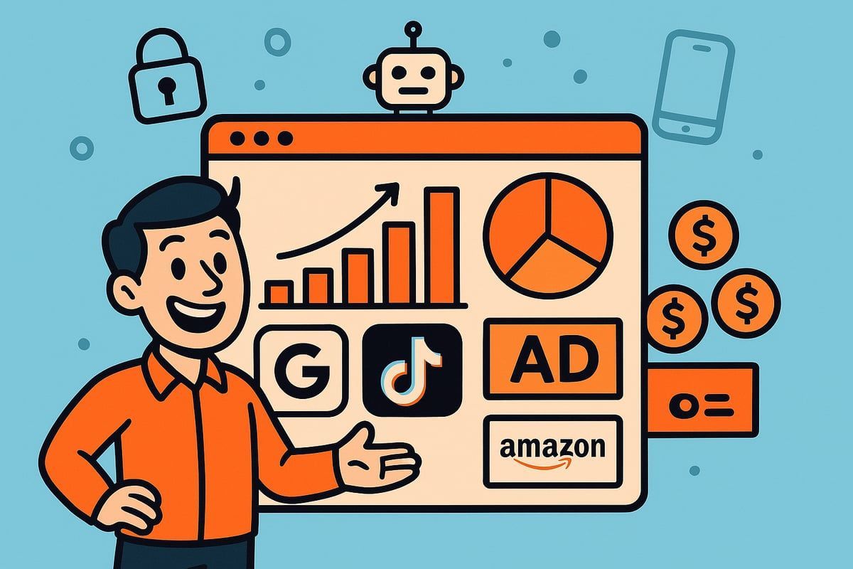 Man presenting digital marketing data with graphics and platform logos.