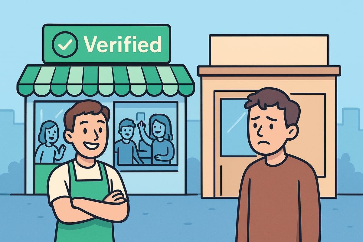 Shop owner smiles by a 