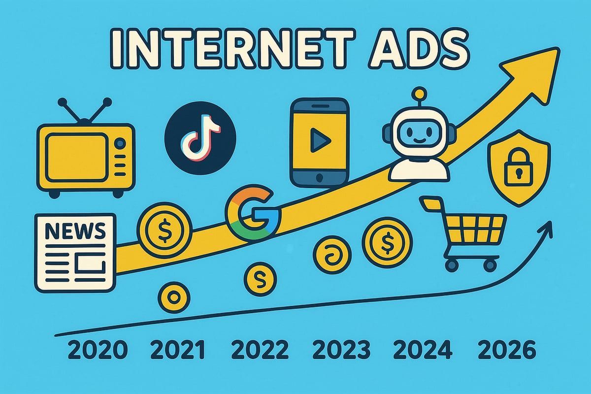 Internet ads growth chart with icons: TV, TikTok, mobile video, robot, shopping cart, and more, on an upward trending line.