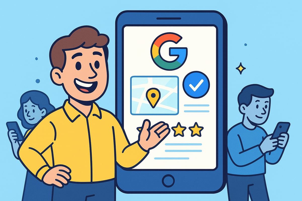 Man presenting Google My Business profile on large smartphone; other people with phones.