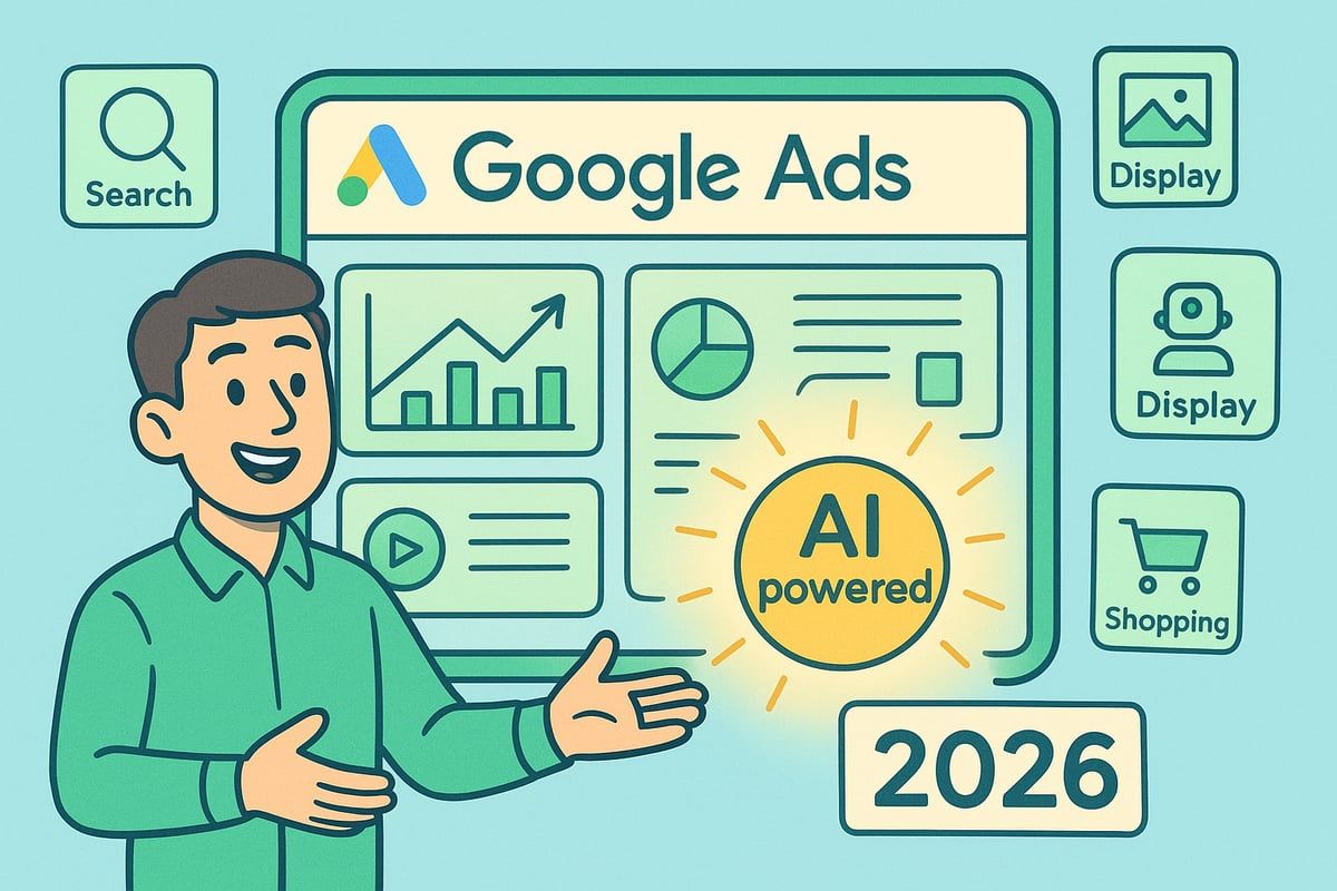 Man presenting Google Ads platform, AI powered, with charts and icons.