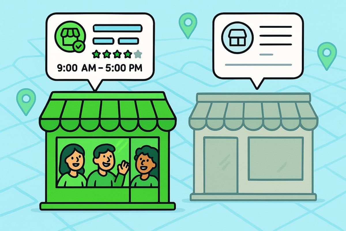 Green storefront with people inside and customer reviews, open 9:00 AM-5:00 PM; a gray closed store with customer details.
