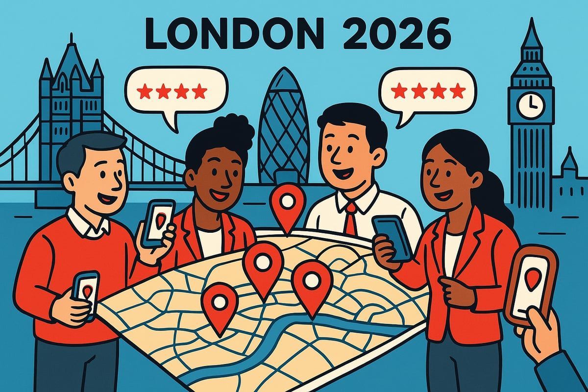 Illustration of people in London looking at a map, using phones with location markers, and reviewing places.