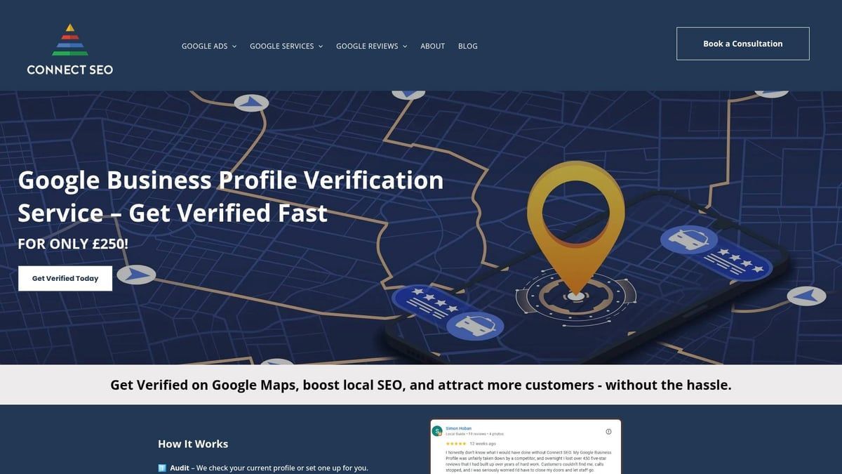 Website promoting Google Business Profile Verification Service. Features a map pin icon on a phone.