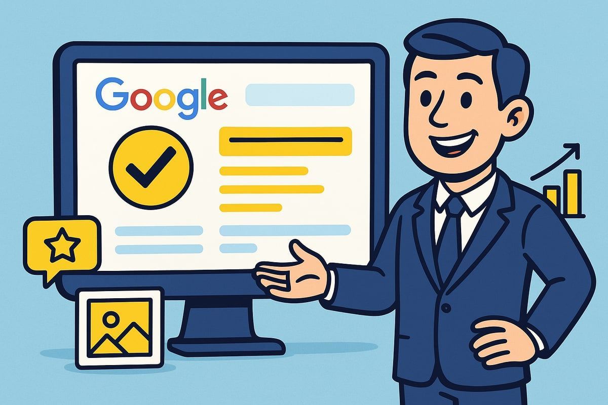 Man in suit pointing to Google search results, with checkmark, star, and graph.