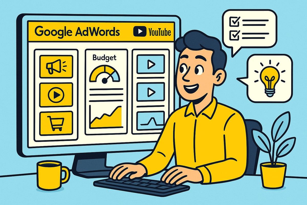 Man using computer with Google Ads interface; planning digital ad campaign, smiling, yellow shirt.