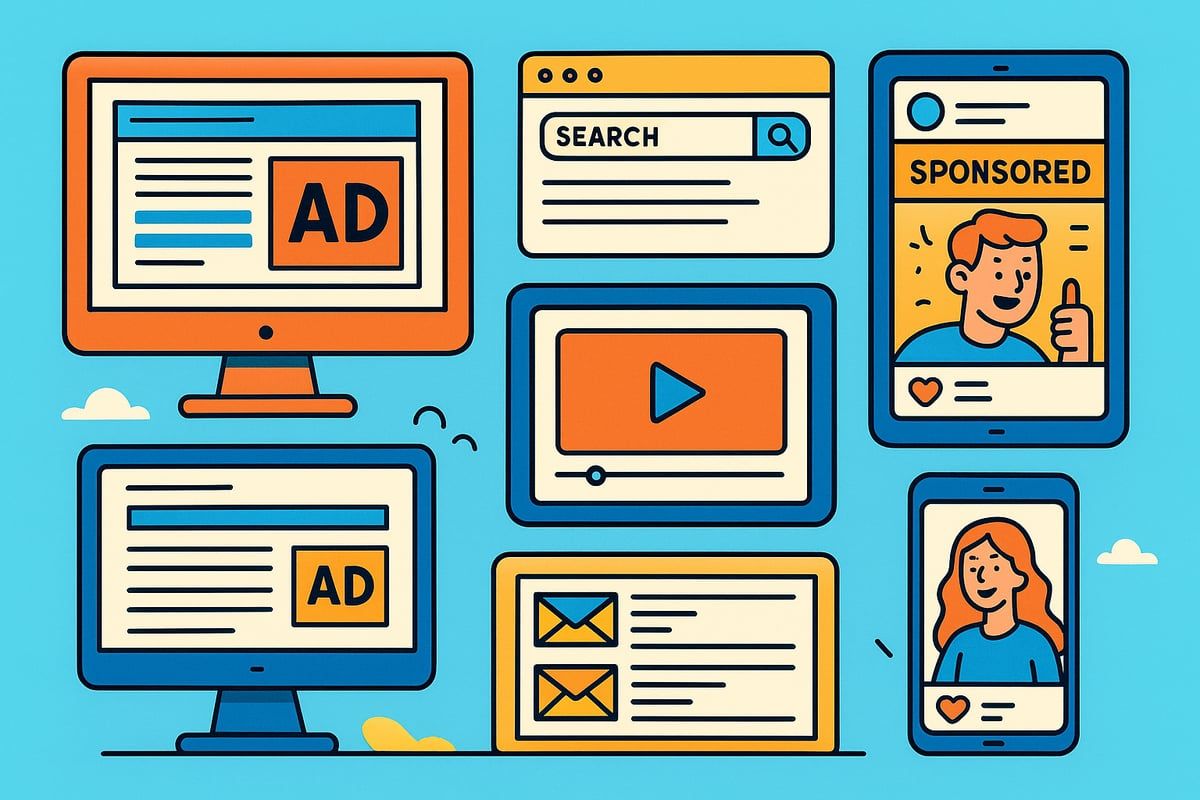 Digital marketing concept. Various screens: desktop, tablet, phone, video, search bar, social media ads. Blue, orange, and yellow.