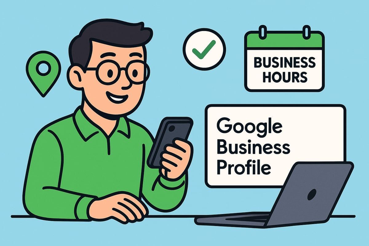 Man updating Google Business Profile on phone and laptop, setting business hours.