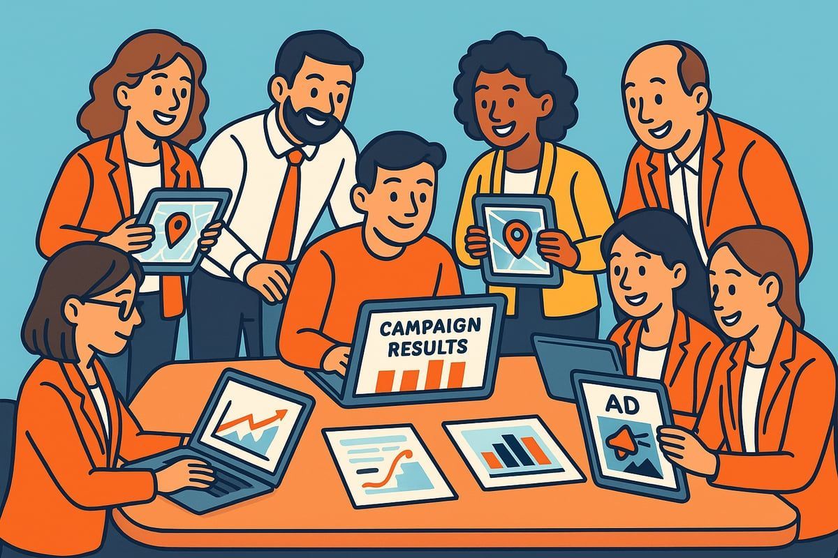 Group of people reviewing campaign results on laptops and tablets, discussing marketing data.