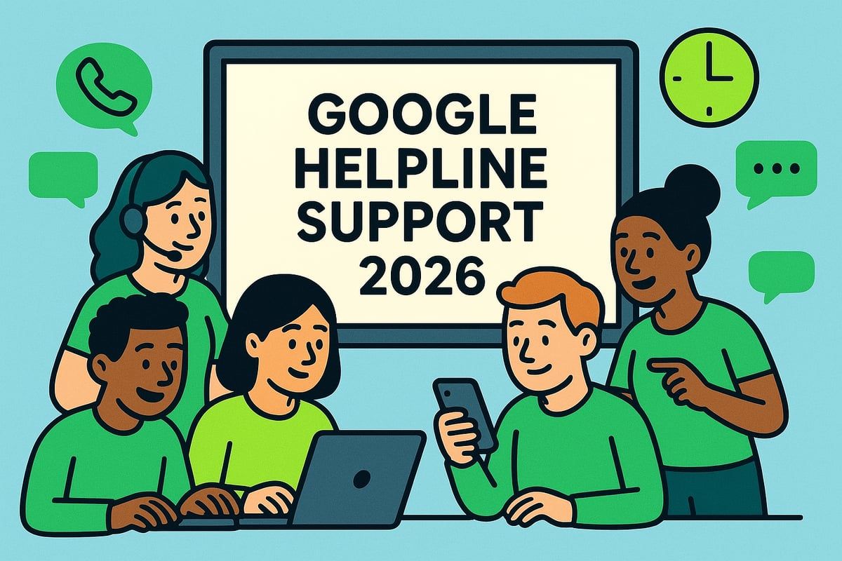 Google Help Support team. People with devices, screen, and speech bubbles in a light blue room.