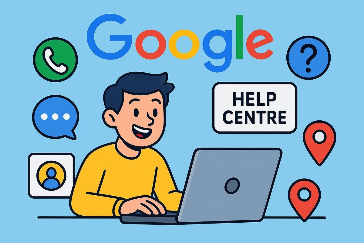 Man using laptop with Google logo, help center sign, and contact icons.