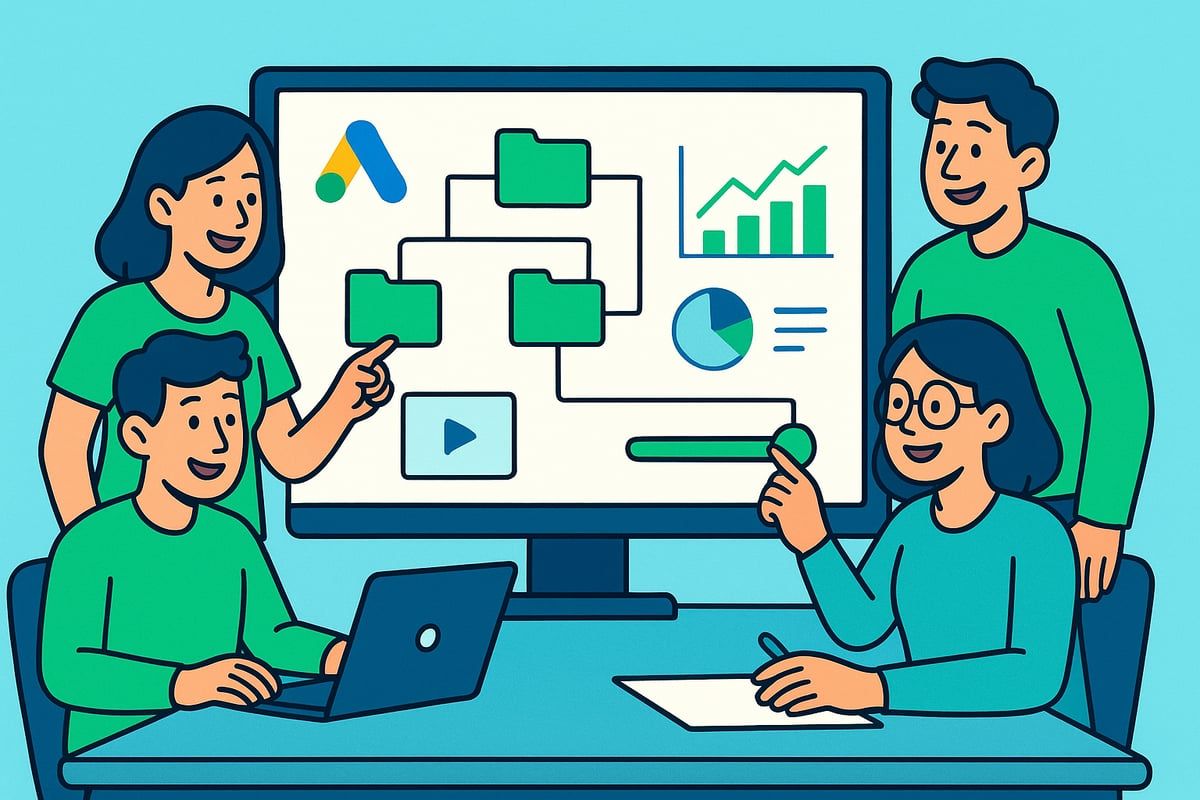 Four people around a table looking at a screen with charts, diagrams, and Google Ads logo.