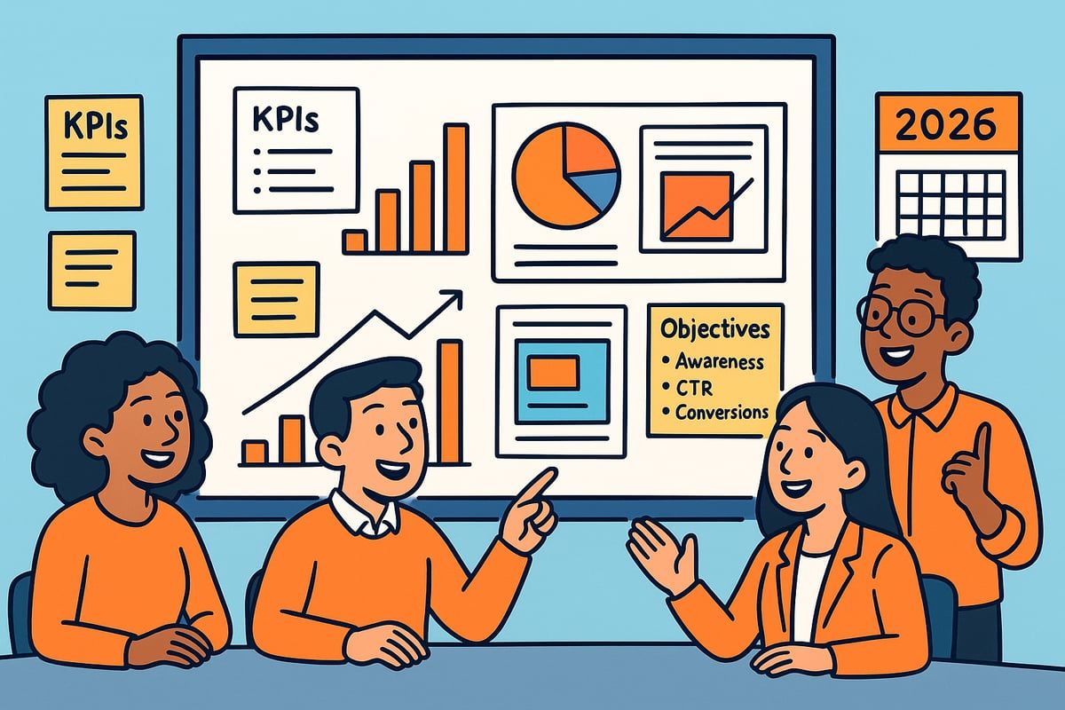 Four people at a table discussing a presentation with graphs and KPIs. A calendar shows the year 2026.