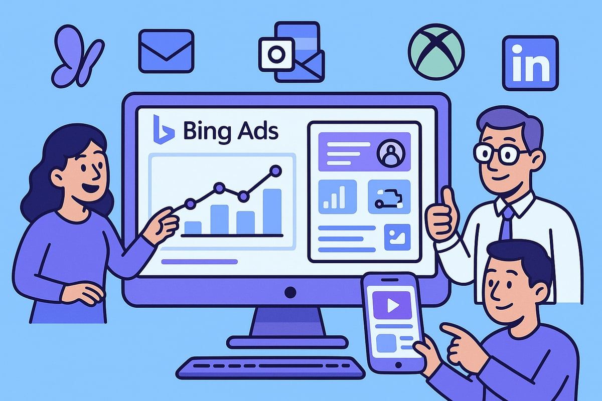 Three people analyzing Bing Ads data on a monitor and phone, with icons of related platforms.