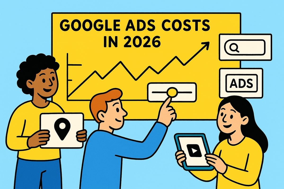 Three people analyzing Google Ads costs in 2026, pointing at a rising trend on a chart.