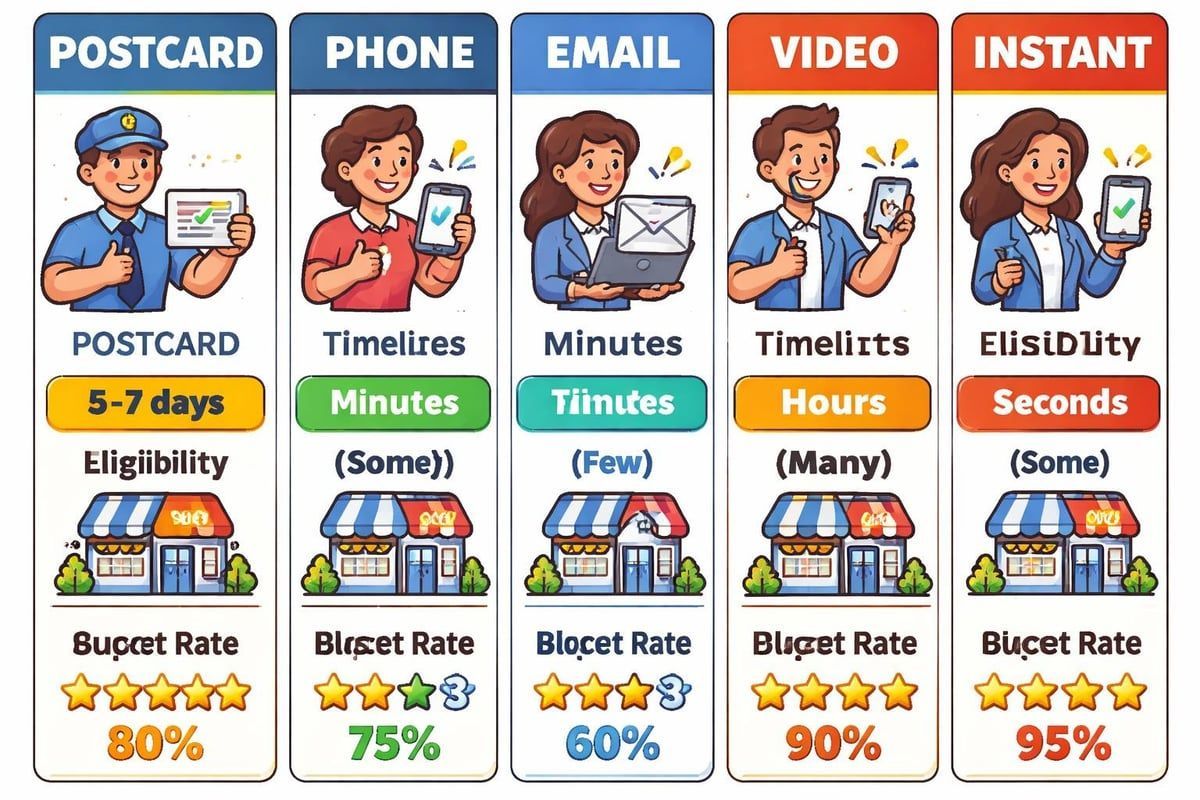 POSTCARD, PHONE, EMAIL, VIDEO AND INSTANT VERIFICATION