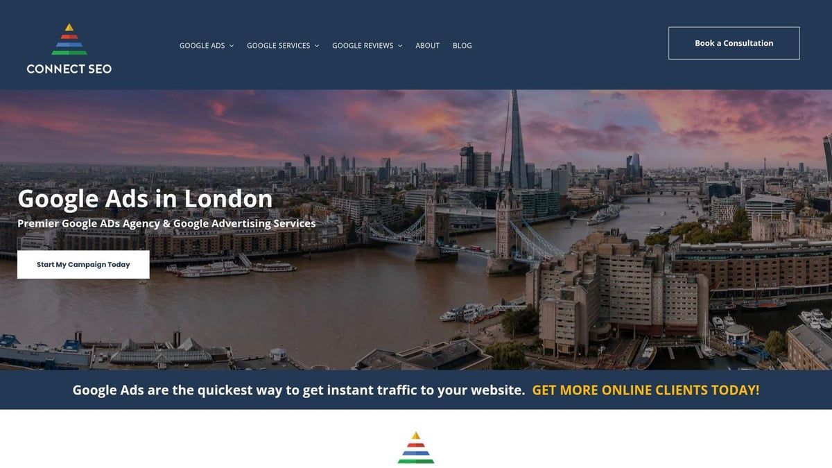 Website header with London skyline, promoting Google Ads services.