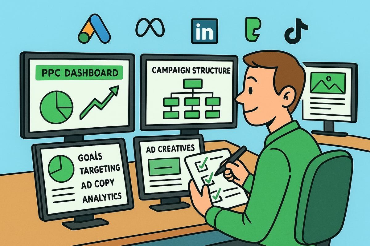 A person working on PPC ads, with computer monitors showing dashboards, campaign structure, and creative elements.