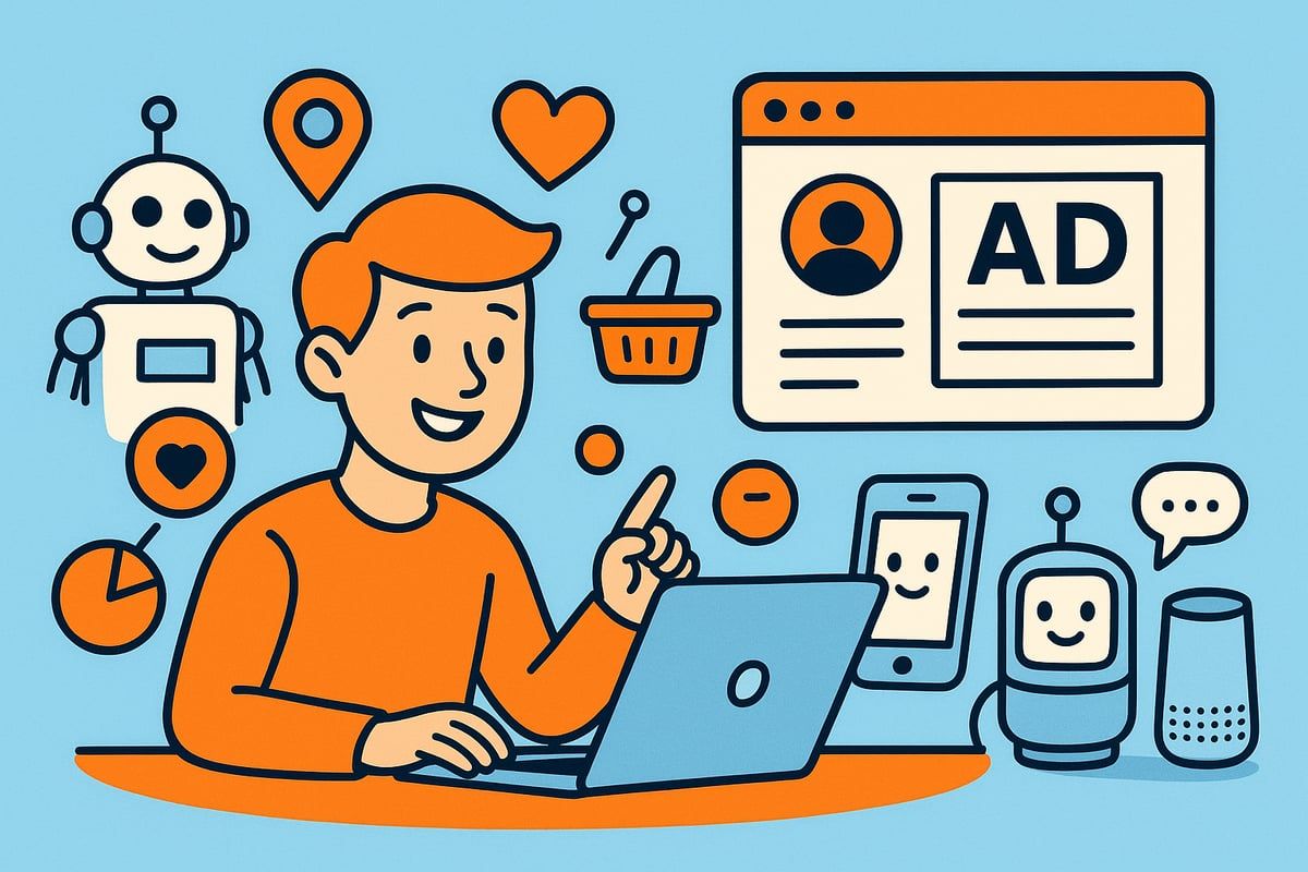 Man using laptop, surrounded by icons: robot, ads, shopping cart, heart, location, chart, smart devices, blue background.