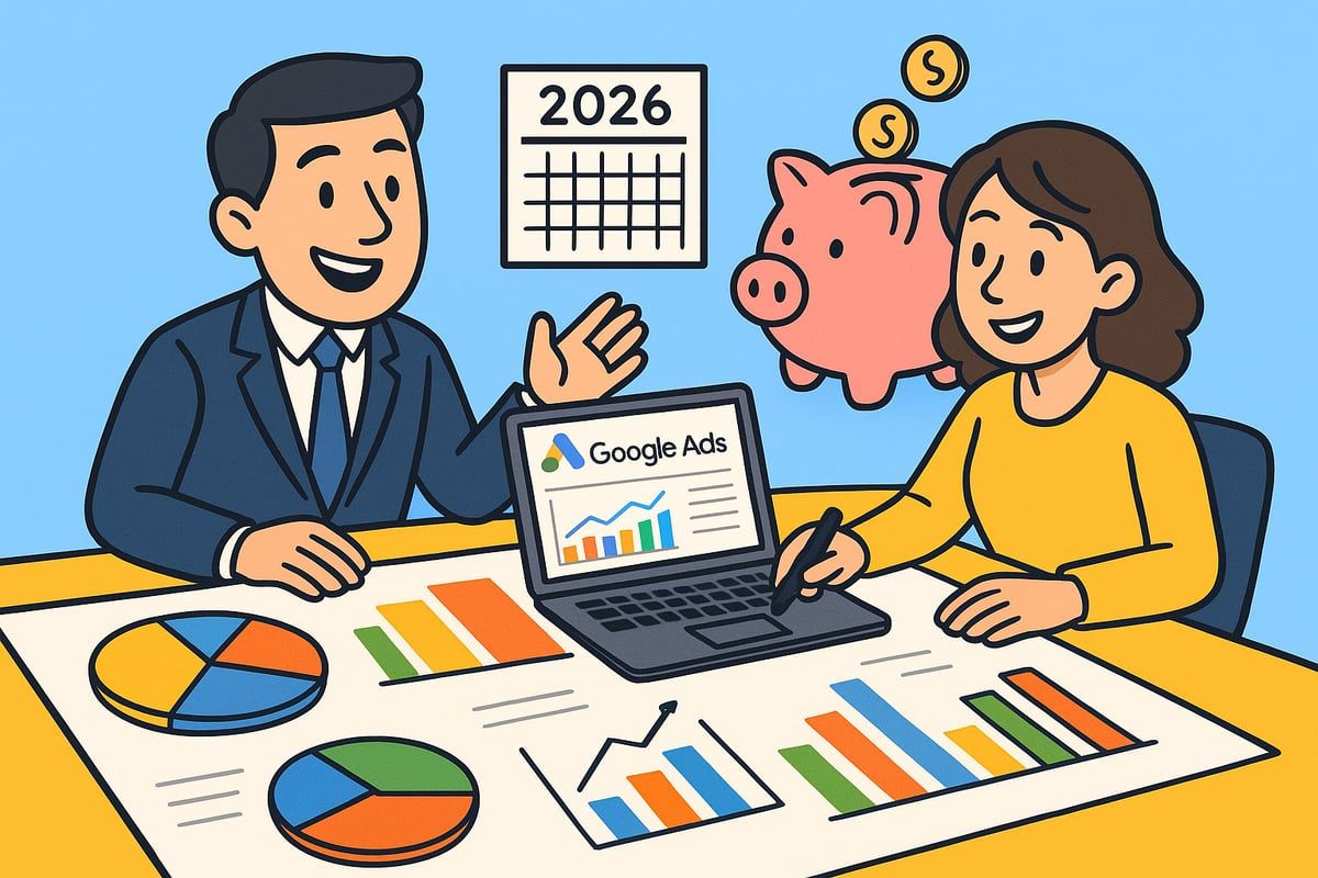 Two people reviewing Google Ads data, planning with a piggy bank, calendar, and charts.