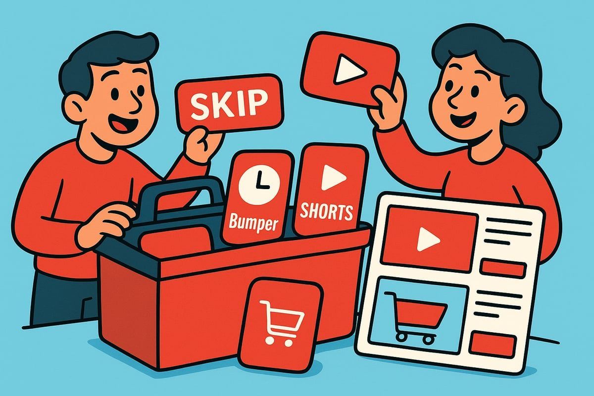 Two people holding YouTube icons and tools from a red toolbox, including 