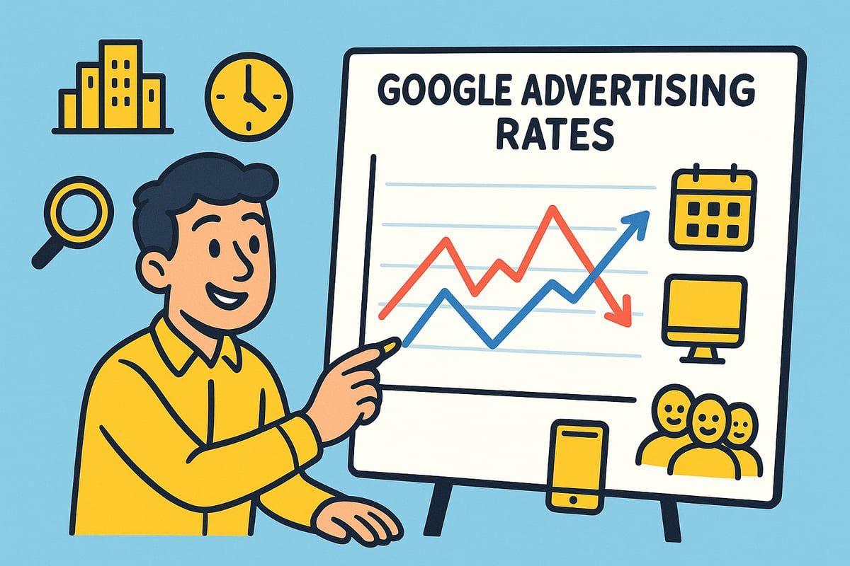 Man pointing to a graph of Google advertising rates, with icons of buildings, a clock, and a phone.