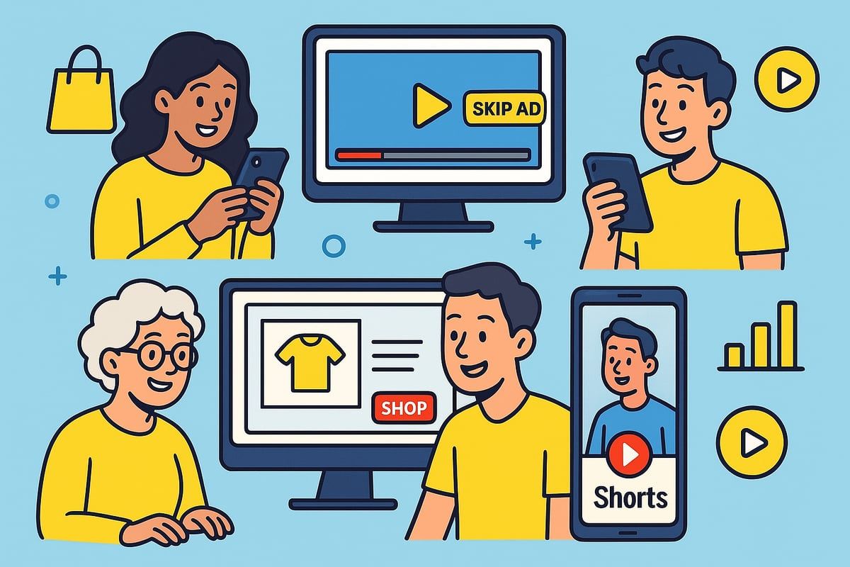 People using phones and computers, viewing ads.