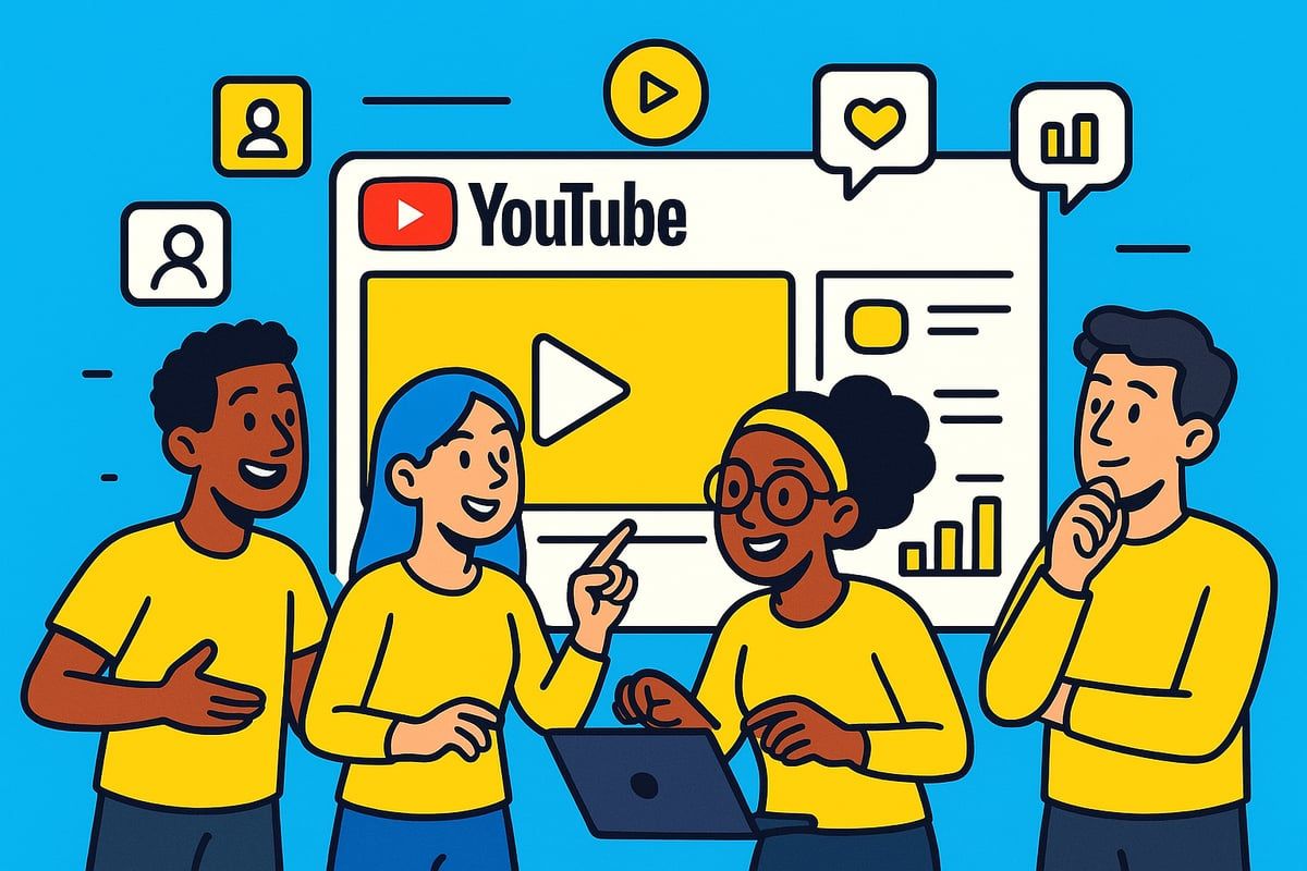 People around a YouTube screen, discussing content. Yellow tops, blue background.