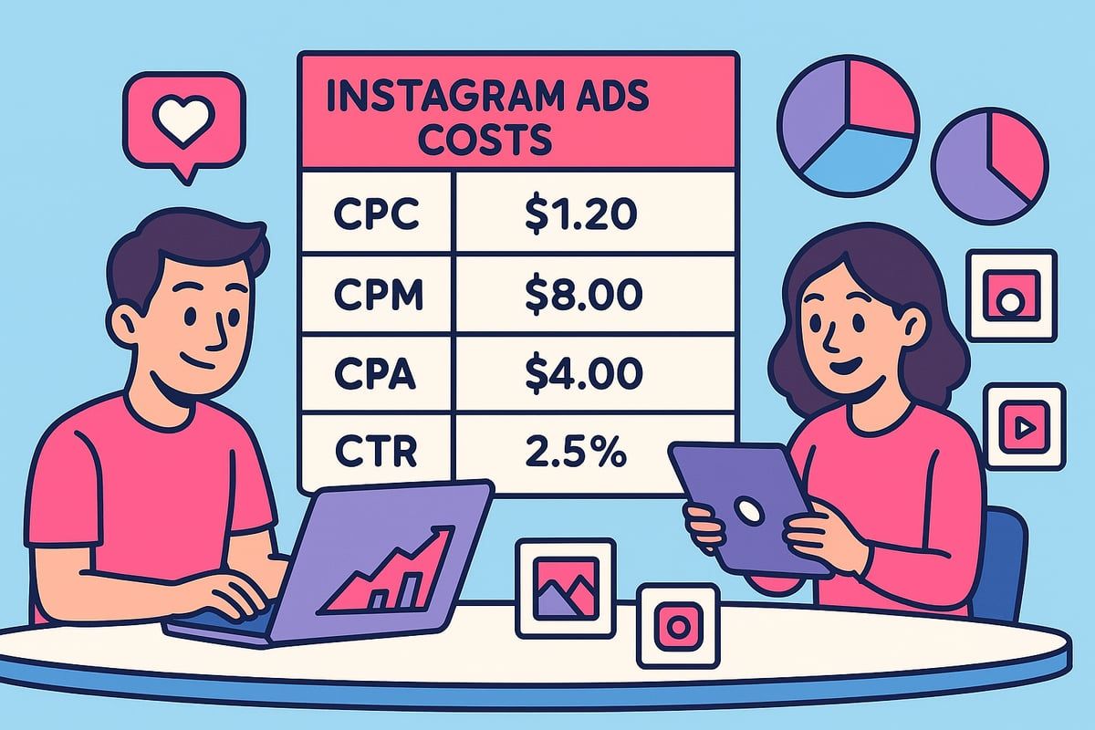 Two people at a table, looking at data on Instagram ad costs. A chart shows CPC, CPM, CPA, and CTR.